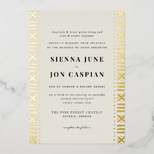 Ecru Boho Mudcloth Border Folie Uitnodiging (Voorkant)