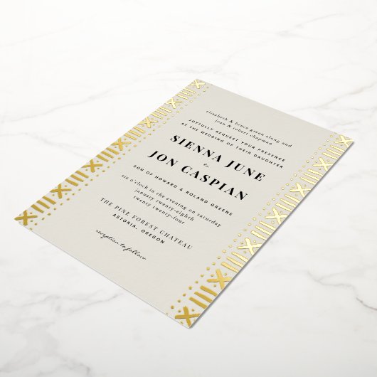 Ecru Boho Mudcloth Border Folie Uitnodiging (Gedraaid)