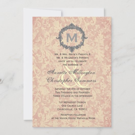 Ecru Damask  Lijst Monogram Wedding V1 Kaart (Voorkant)