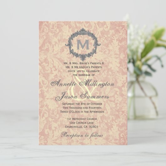 Ecru Damask Silver Lijst Monogram Weddenschap Kaart (Staand voorkant)