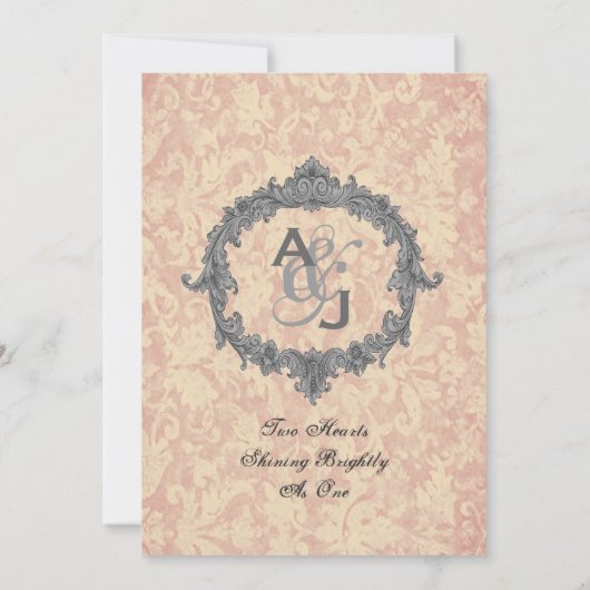 Ecru Damask Silver  Lijst Monogram Weddenschap Kaart (Achterkant)