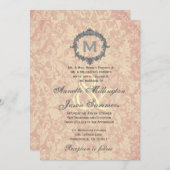 Ecru Damask Silver Lijst Monogram Weddenschap Kaart (Voorkant / Achterkant)