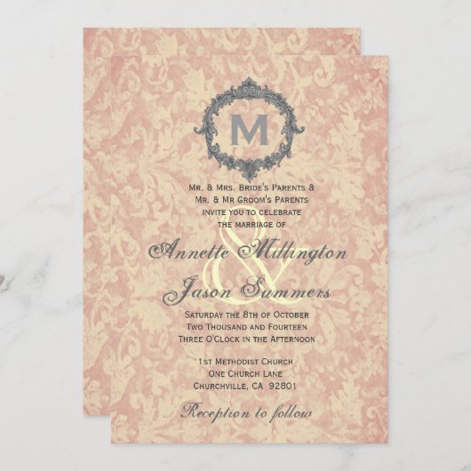 Ecru Damask Silver Lijst Monogram Weddenschap Kaart (Voorkant / Achterkant)