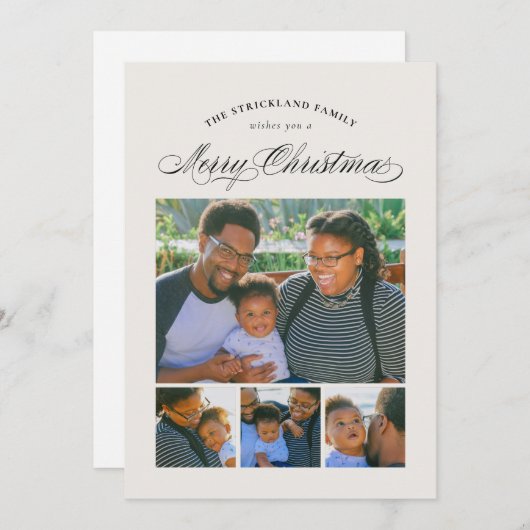 Ecru Elegant Four Photo Merry Kerstmis Kaart (Voorkant / Achterkant)
