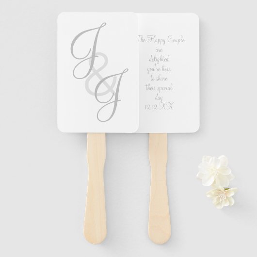 Ecru en Grijs monogram Script Handventilator Handwaaier (Voorkant en achterkant)