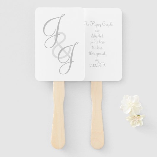 Ecru en Gris monogram Script Hand Fan Handwaaier (Voorkant en achterkant)