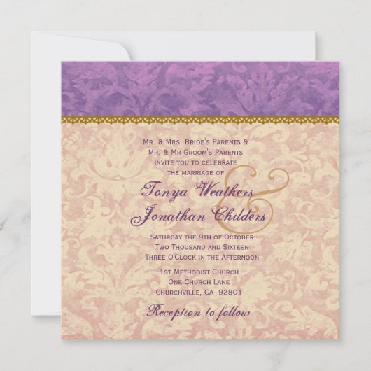 Ecru en Paarse Damask Wedding Sjabloon V12 Kaart (Voorkant)