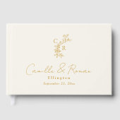 Ecru/Gold Floral Monogram Calligraphy Wedding Gastenboek (Voorkant)
