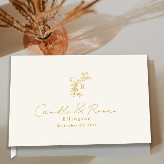 Ecru/Gold Floral Monogram Calligraphy Wedding Gastenboek