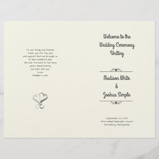Ecru Hearts Folded Wedding Program Sjabloon (Voorkant)