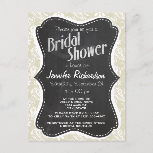 Ecru Paisley; Bloemen;  schoolbord Uitnodiging Briefkaart (Voorkant)