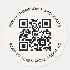Ecru QR-code stickers op maat bedrijfsnaam rond