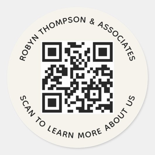 Ecru QR-code stickers op maat bedrijfsnaam rond (Voorkant)