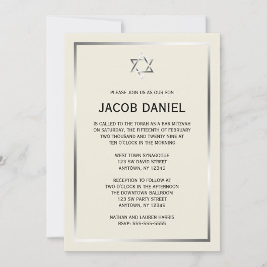 Ecru Silver Star van David Bar Mitzvah Invitaties Kaart (Voorkant)