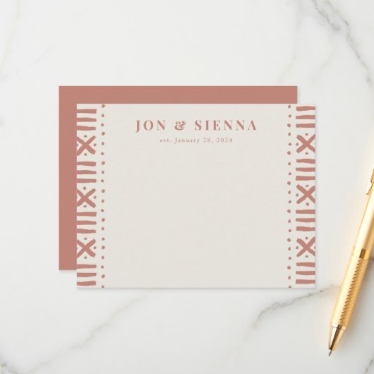 Ecru Terracotta Boho Mudcloth Border Couple's Informatiekaartje (Voorkant / Achterkant in situ)