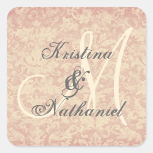 Ecru Vintage Bruiloft Grunge Damask Monogram V01 Vierkante Sticker