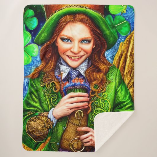 Ecstatische groene Woman Leprechaun Geïnspireerd k Sherpa Deken (Voorkant)