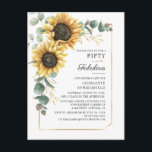 Ecualyptus 50th Fabulous Sunflower Floral Birthday Uitnodiging Briefkaart<br><div class="desc">geometrische 50e verjaardagsuitnodiging met eucalyptus greenery foliage,  zonnebloem en goudfolie geometrisch lijst met moderne typografie. Ideaal voor die mijlpaal verjaardagsfeest. Voeg eenvoudig de details van de partij toe door op de knop 'Personaliseren' te klikken. Ideaal voor andere speciale evenementen</div>