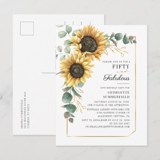 Ecualyptus 50th Fabulous Sunflower Floral Birthday Uitnodiging Briefkaart (Voorkant / Achterkant)