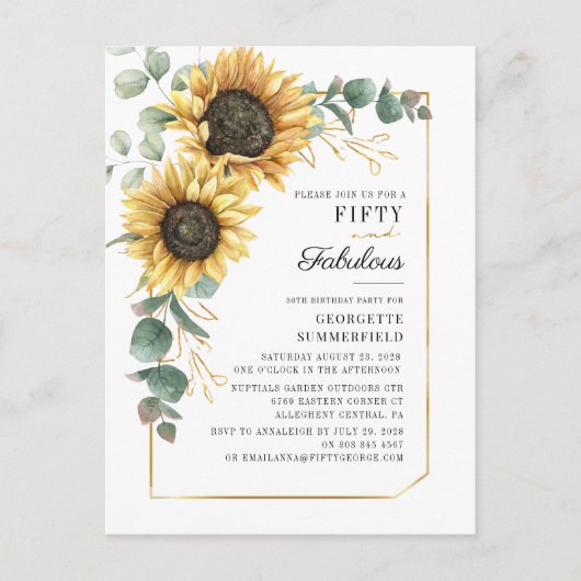 Ecualyptus 50th Fabulous Sunflower Floral Birthday Uitnodiging Briefkaart (Voorkant)