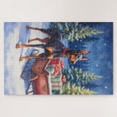 Edel Dobermann die Kerst slee bewaakt in de Winter Legpuzzel (Horizontaal)