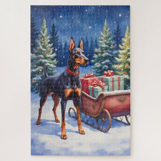 Edel Dobermann die Kerst slee bewaakt in de Winter Legpuzzel (Verticaal)