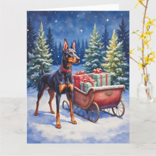 Edel Dobermann die Kerst slee bewaakt Winter Kaart