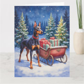Edel Dobermann die Kerst slee bewaakt Winter Kaart (Voorkant)