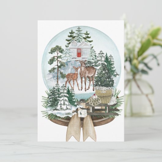 Edel hert mannetje in besneeuwd winterbos kaart (Staand voorkant)