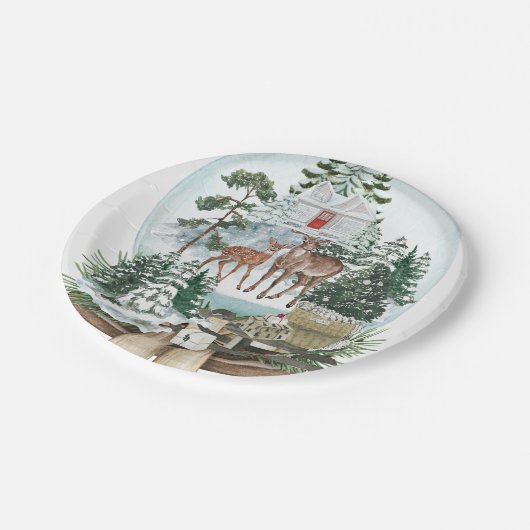 Edel hert mannetje in het winterse sneeuwbos papieren bordje (Gekanteld)