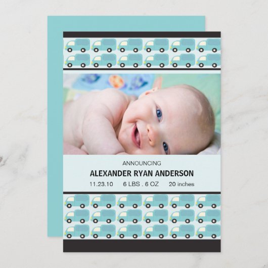 Edelachtbare! Blue Trucks Baby Boy Birth Annouceme Aankondiging (Voorkant / Achterkant)