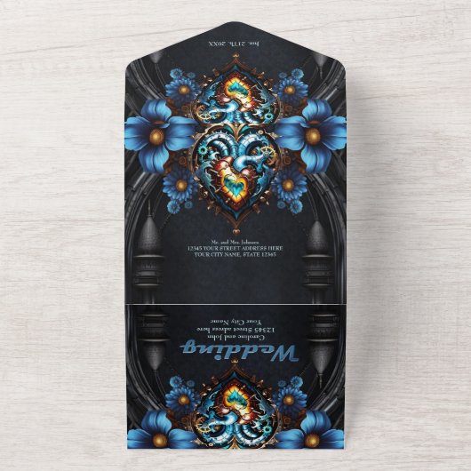 Edele steampunk hart all in one uitnodiging (Buitenkant)