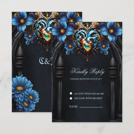 Edele steampunk hart RSVP kaartje (Voorkant / Achterkant)