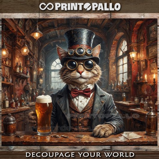 Edele steampunk kat met bril en bier in pub tissuepapier