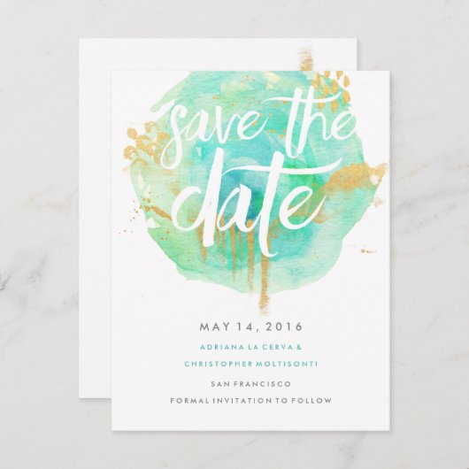 Edele Waterverf Opslaan Datum blauw Save The Date (Voorkant / Achterkant)