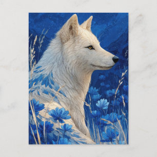 Edele Witte Wolf in Kobaltblauwe Tuin Briefkaart