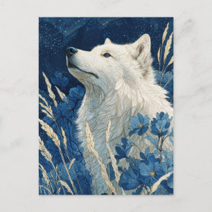 Edele Witte Wolf in Middernachtblauwe Tuin Briefkaart