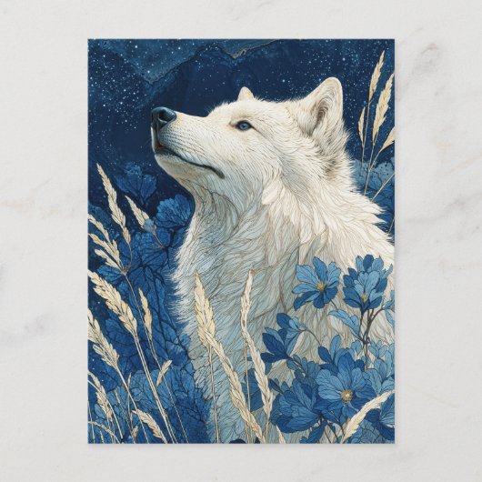 Edele Witte Wolf in Middernachtblauwe Tuin Briefkaart (Voorkant)