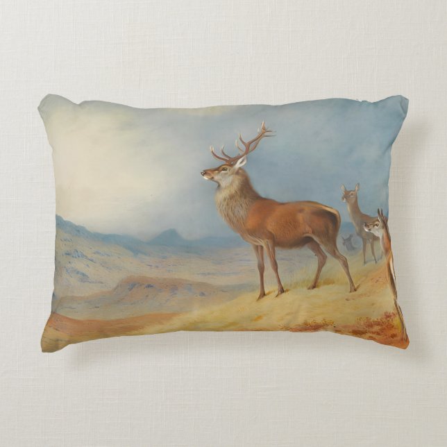Edelherten in een hoogland landschap, kunst accent kussen (Voorkant)