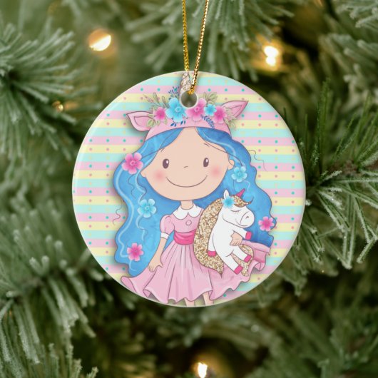Edelmeisje Cutie met unicorn Kerstmis Keramisch Ornament (Boom)
