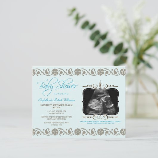 EdelSonogram Baby shower Uitnodiging (blauw) (Staand voorkant)