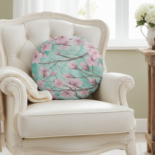 Edelsteen Tuin: Kersenbloesem op Cyaan Agaat Rond Kussen