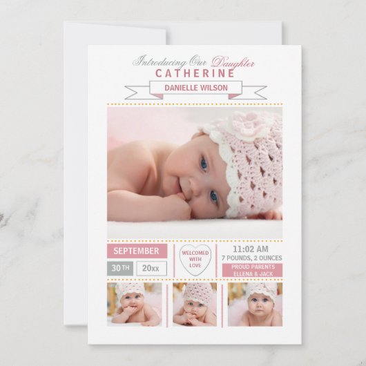 Edelwaardige aankomst Roze foto geboortedatum Aankondiging (Voorkant)