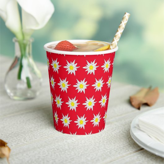 Edelweiss Bloempatroon Rode Papieren Beker (Insitu)