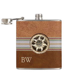 Edelweiss-fles op leer met monogram heupfles