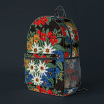 Edelweiss Zwitsers alpenventilator Bedrukte Rugzak<br><div class="desc">Een afbeelding van een floreel patroon met een naaldblaasje van Edelweiss witte alpiene bloemen van Europa op uw product. Blauwe, rode, gele, en witte kleuren. Leontopodium alpinum van Zwitserland, Duitsland en Oostenrijk.</div>
