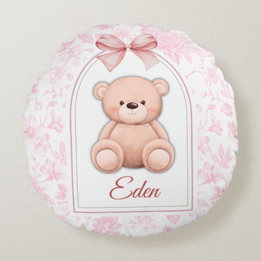 Eden | Aangepaste Roze Teddybeer Nursery Design Rond Kussen (Voorkant)