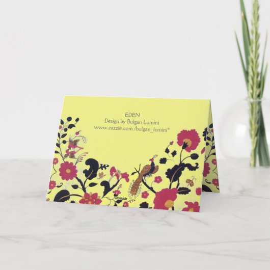 EDEN VLIEGENDE VOGELS, BLOEMEN Rood Zwart Geel Blo Feestdagen Kaart (Achterkant)