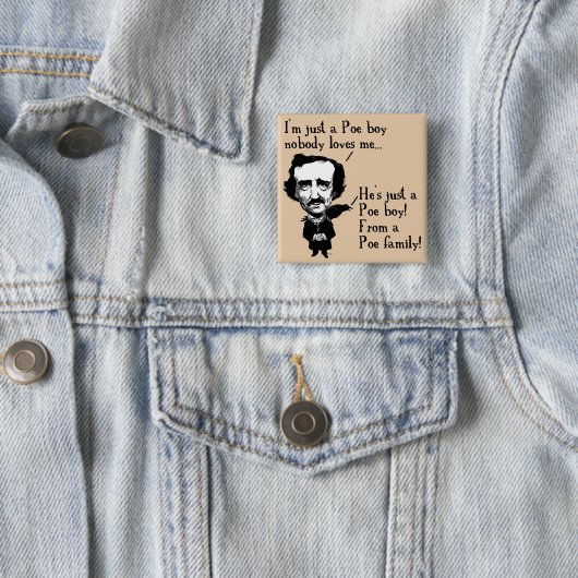 Edgar Allan Poe Boy Funny Button Badge Pin (In situ)