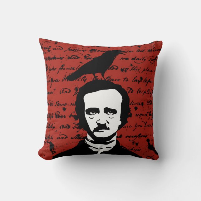 Edgar Allan Poe en Black Raven op Red Kussen (Voorkant)